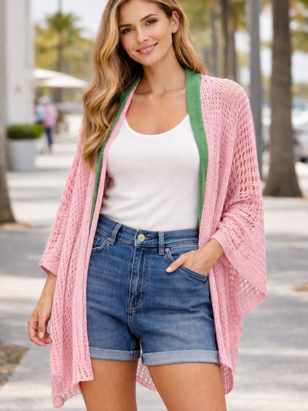 Pink Open-Knit Lightweight Women's Sweater with Green Trim